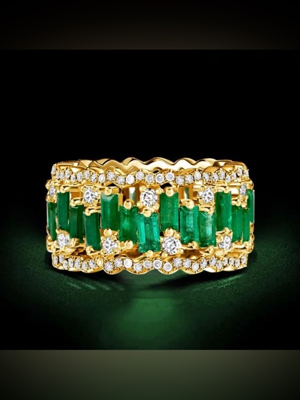 Italo Golden Triple Row Baguette Cut Emerald Wedding Band - Picture 5 of 8